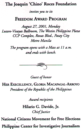 Invitation at the 2001 Chino Roces Awards